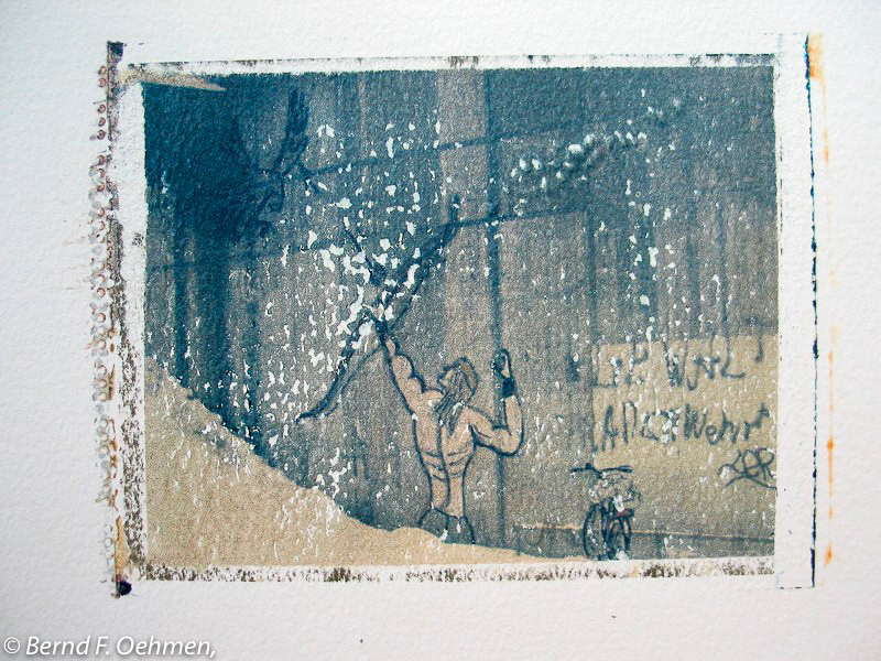 Der Jäger kommt mit dem Rad     Imagetransfer auf Bütten