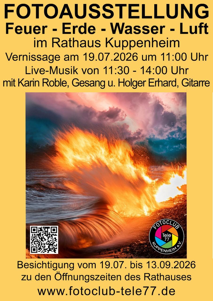 Plakat der Fotoausstellung „Feuer – Erde – Wasser – Luft“ im Rathaus Kuppenheim, Fotoclub Tele 77